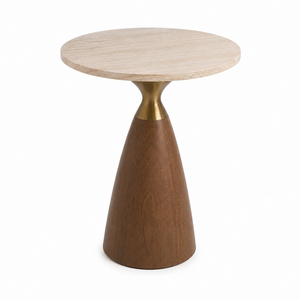 Runder Beistelltisch aus Travertin Walnussfurnier und Messing Ø 45 x H 55 cm