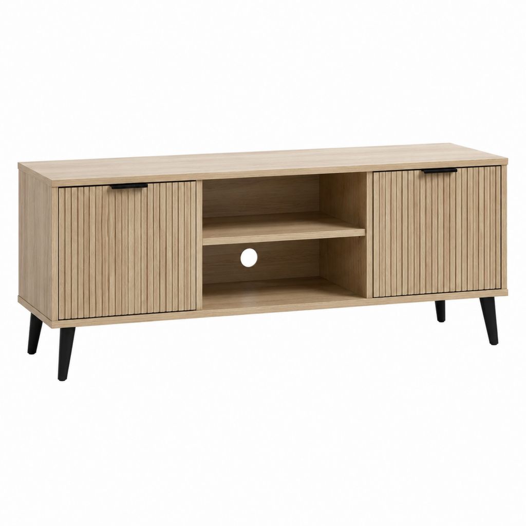 TV-Lowboard Eichenoptik aus Spanplatte mit 2 Türen und 2 offenen Fächern 140 x 40 x 55 cm