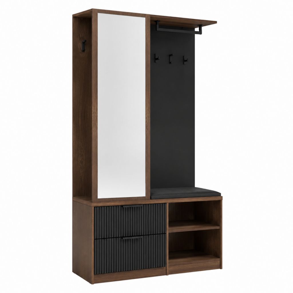 Garderobenschrank mit Spiegel und Sitzbank Nussbaum Schwarz Spanplatte Rechteckig 100 x 40 x 190 cm