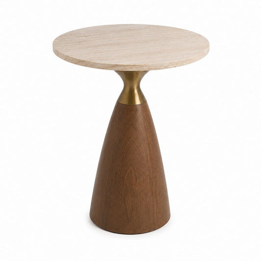 Runder Beistelltisch aus Travertin Walnussfurnier und Messing Ø 45 x H 55 cm