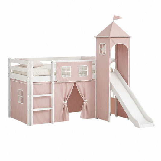 Kinder Hochbett Set Weiß Rosa aus Kiefer Massivholz mit Rutsche und Turm 90 x 200 cm