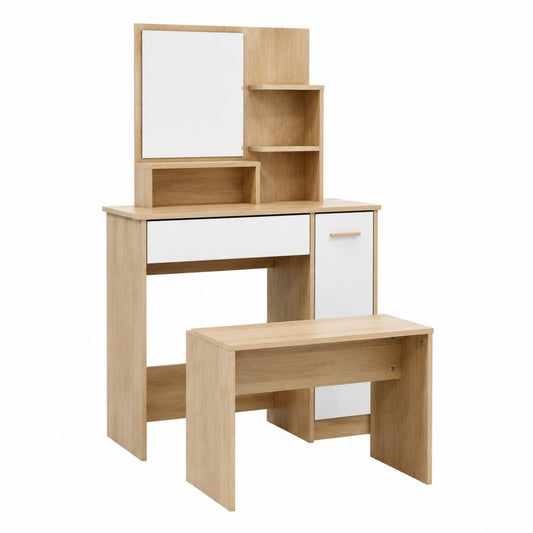 Schminktisch Set Eiche-Optik Weiß aus melaminharzbeschichteter Spanplatte mit Spiegel 80 x 40 x 140 cm