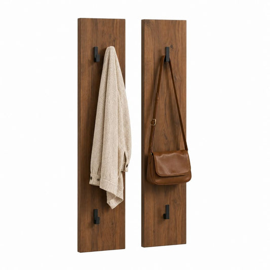 Wandgarderobe 2er Set Nussbaum MDF rechteckig mit 4 schwarzen Haken 20 x 2 x 90 cm