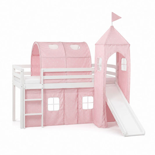 Kinderhochbett mit Rutsche Weiß Rosa Kiefer Massivholz Polyester 90 x 200 cm