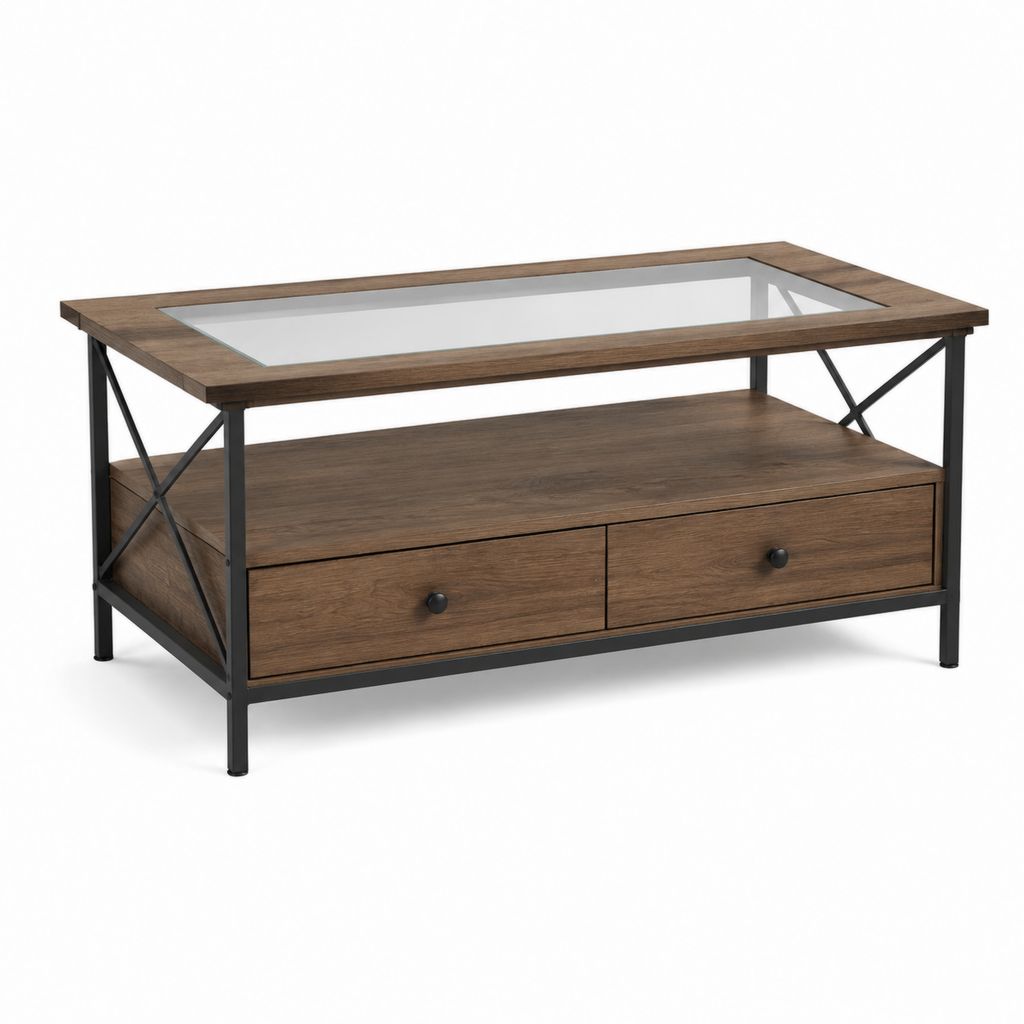 Couchtisch Braun Schwarz mit Glasplatte 2 Schubladen Spanplatte Stahl 100 x 55 x 45 cm