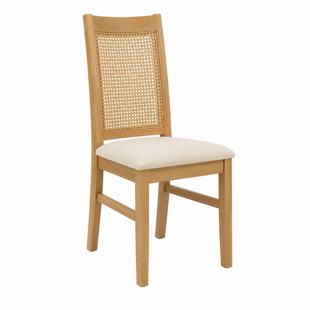 Esszimmerstuhl aus Eichenholz Natur mit Rattan-Rückenlehne und beigem Sitzpolster 47 x 56 x 100 cm