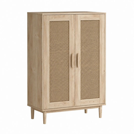 Flurschrank mit 2 Türen Natur Eiche MDF Rattan rechteckig 80 x 40 x 140 cm
