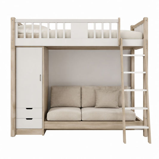 Kinderhochbett mit Sofa Kleiderschrank und Leiter Natur Weiß aus massivem Kiefernholz 90 x 200 cm